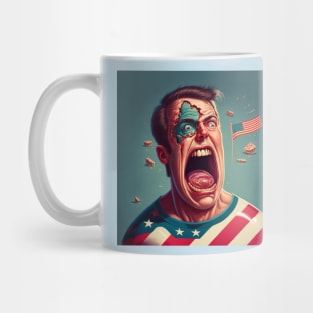 Funny illustration of man with open mouth wearing t-shirt in flag of America Mug